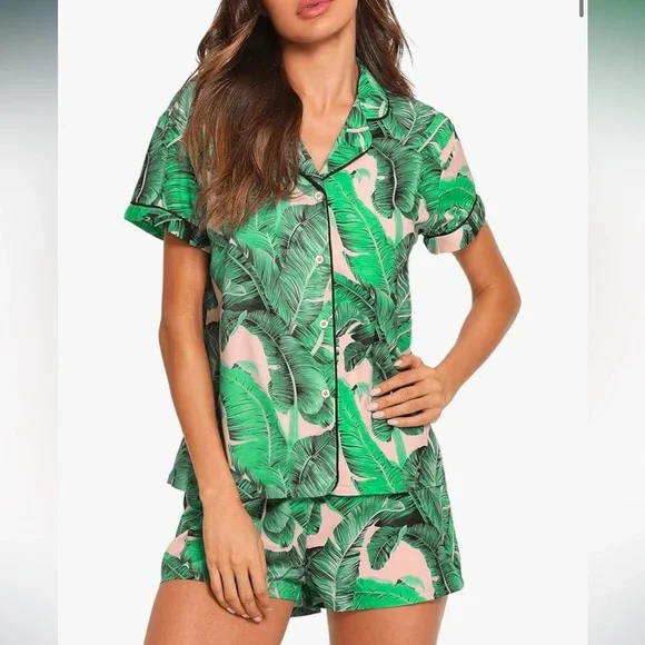 NWT! Floerns Women's Notch Collar Green/Pink Palm Print 2-Piece PJ Set, Size Sm - Picture 3 of 8